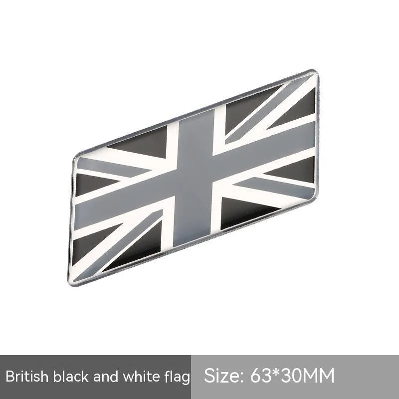 Aluminium parallelogram car sticker with national flag design measuring 6.3 by 3 cm