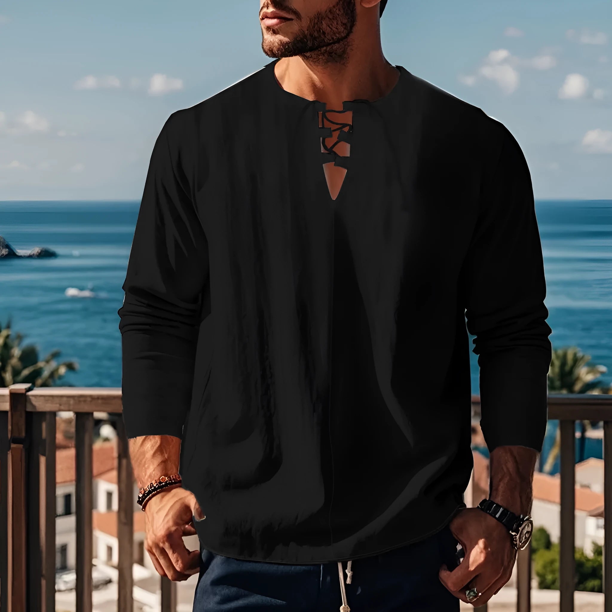 Men's solid colour cotton linen beach shirt in loose fit pullover style