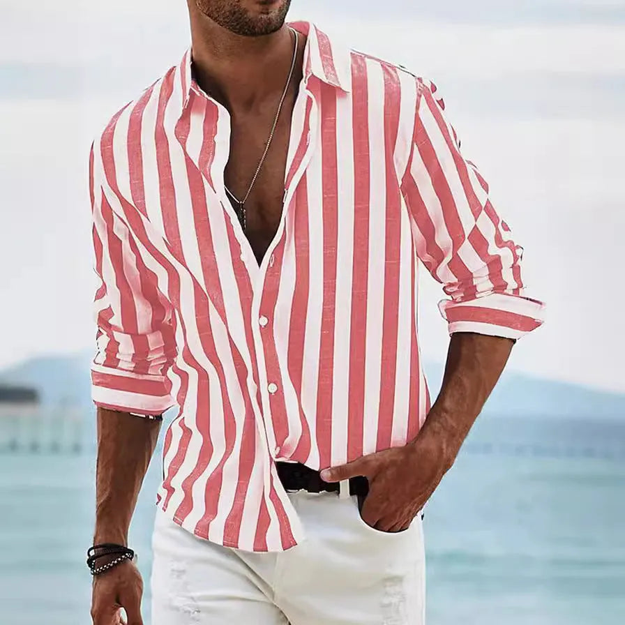 Men's yarn-dyed striped casual long sleeve shirt in British style loose cardigan fit