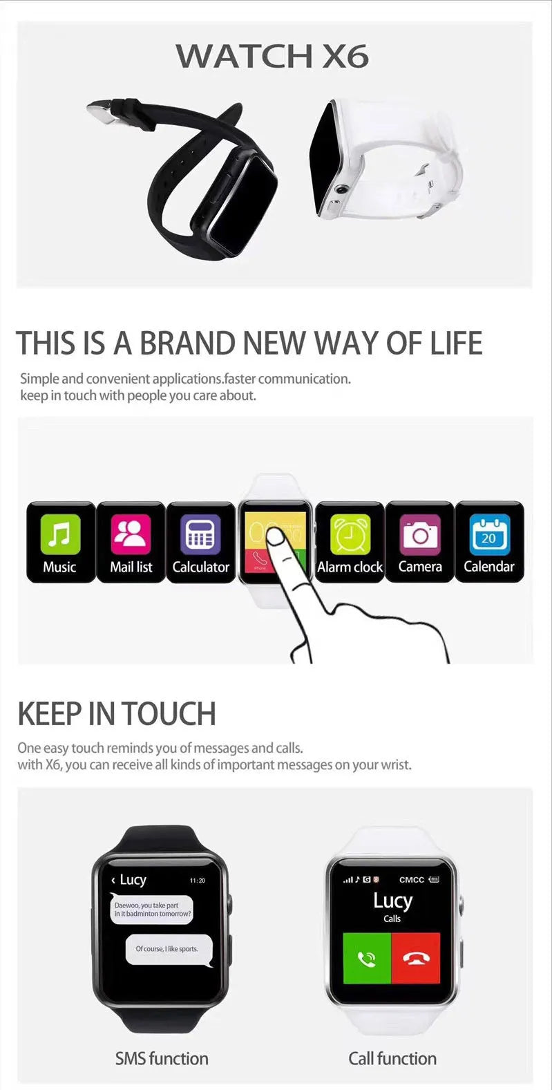 Smart watch with 1.54-inch touchscreen and silicone strap on a wrist