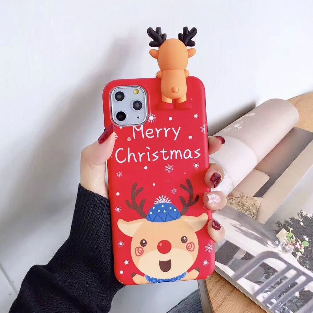 Red Christmas-themed silicone phone case on an iPhone, showing festive back cover design.