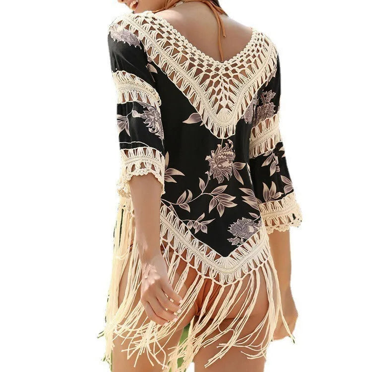 Women's apricot loose V-neck beach sun protection shirt with hollow-out sleeves