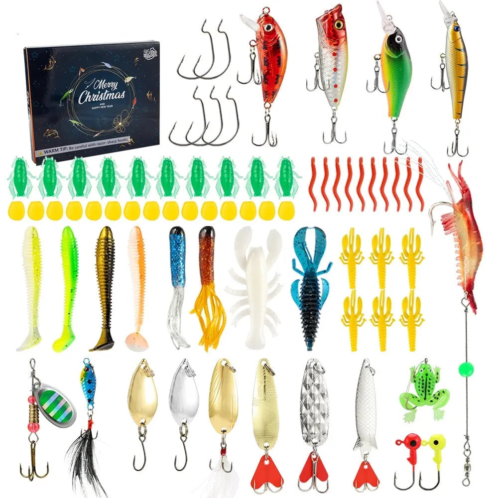 Blind box containing 24-piece metal Christmas fishing set with rod and tackle accessories in 01 style finish