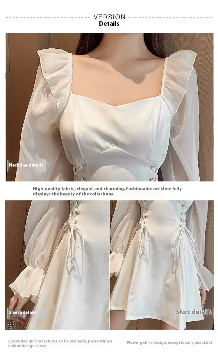 White women's chiffon dress with patchwork pattern and long sleeves, shown in a waist-slimming fit.