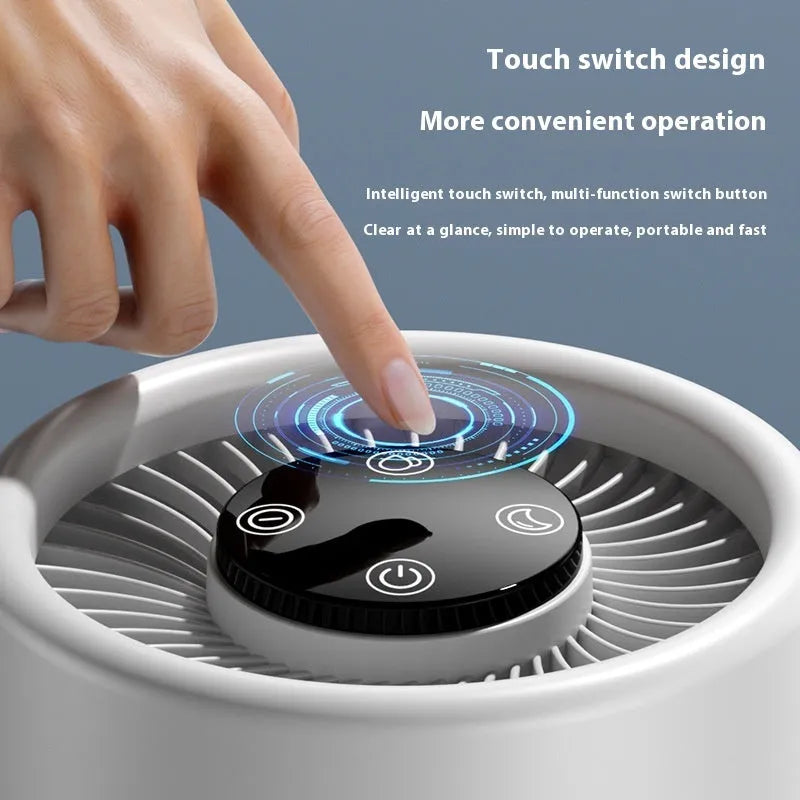 White desktop air purifier model EJ-JHQ101 with USB cable and aromatherapy tablet on a desk.