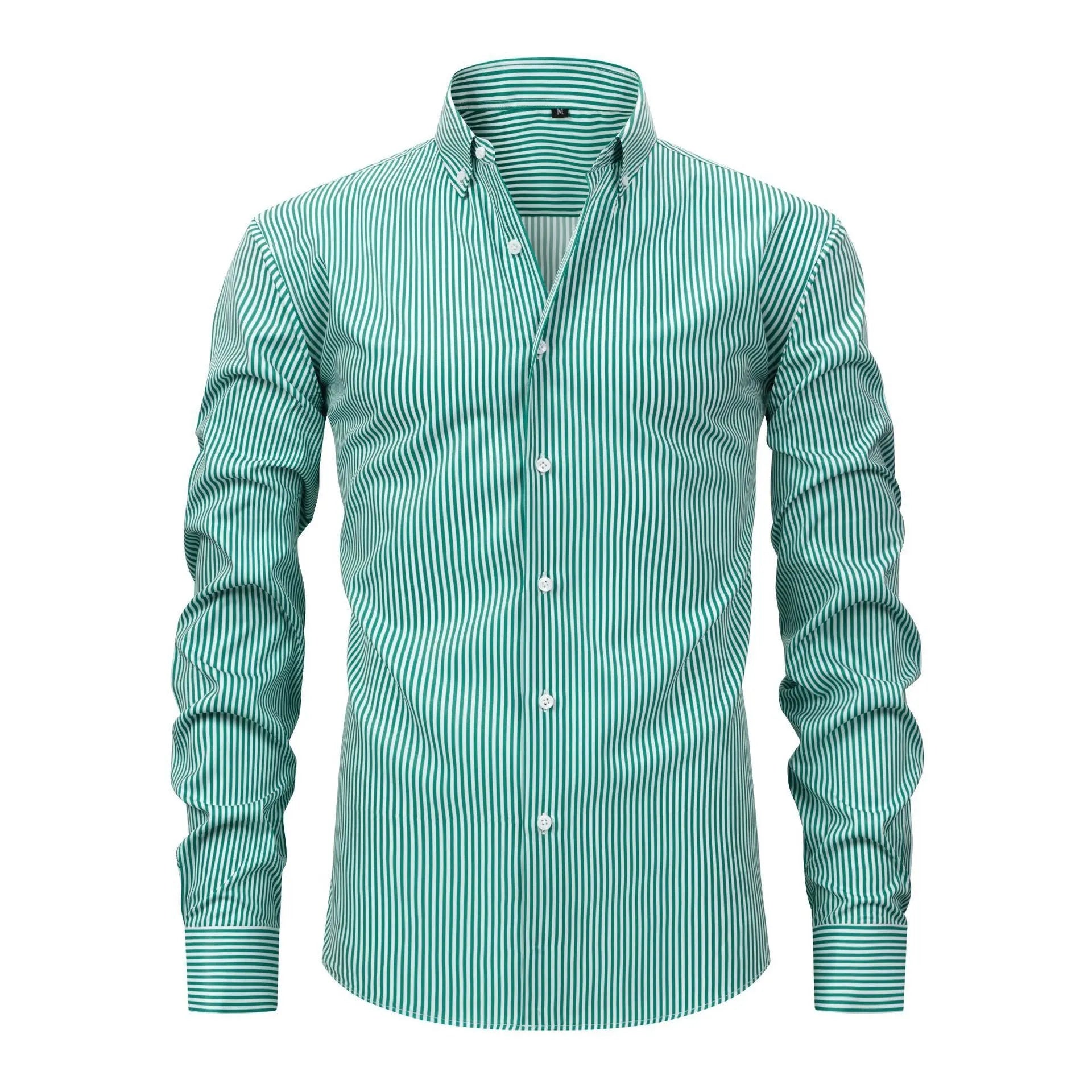 Man wearing a striped long-sleeved business shirt with a lapel collar in a neutral colour.