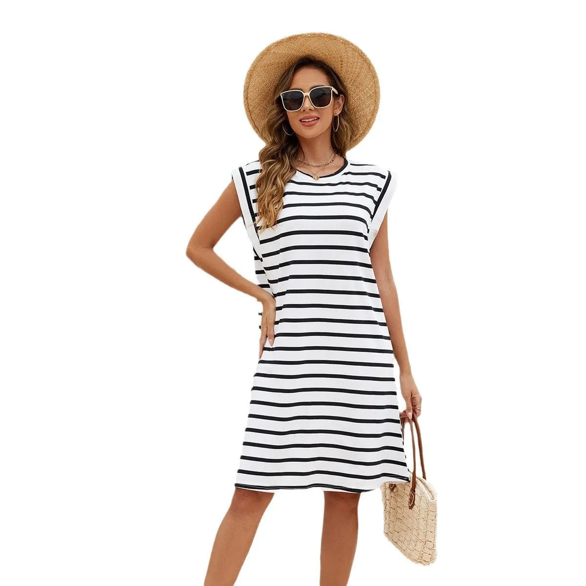 Black and white striped polyester beach cover-up blouse for women, kimono style