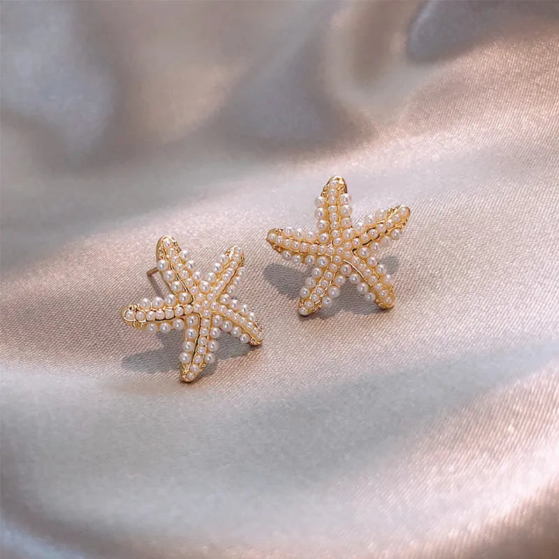 Korean-style gold pineapple starfish pearl alloy earrings with electroplated finish and gem inlay.