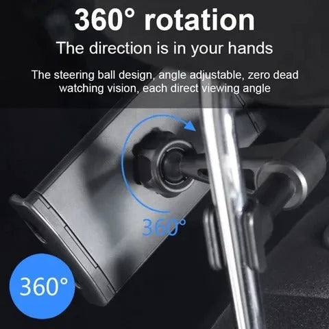 Black car headrest-mounted phone and tablet holder with universal snap-in silicone cradle.