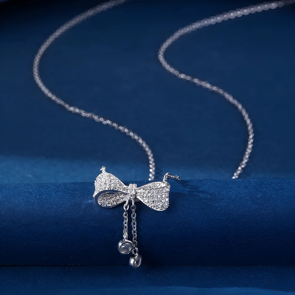 S925 sterling silver bow pendant clavicle necklace on 40-45cm O-ring chain