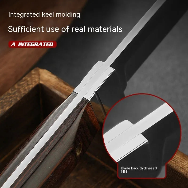 Camping multifunctional portable fruit knife with stainless steel blade and leather protective case.