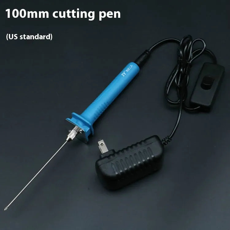 Blue plastic-handled electric heating cutter pen with adapter for cutting foam and polystyrene.