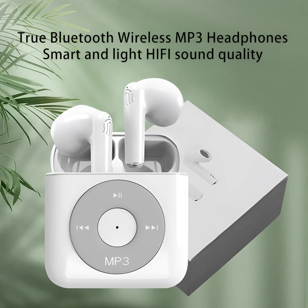 White wireless Bluetooth semi in-ear earphones with a matching charging case on a white background.