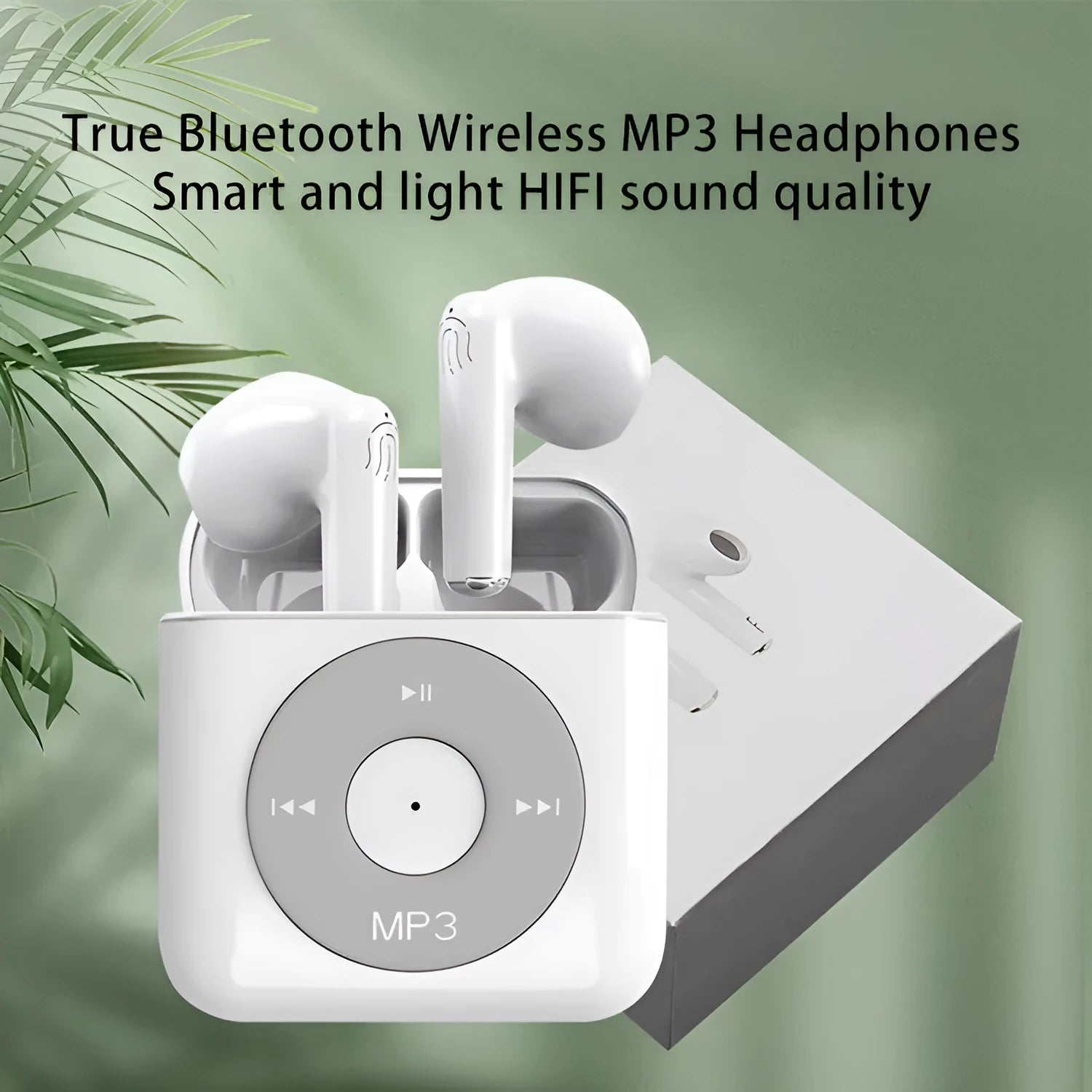 White wireless Bluetooth semi in-ear earphones with a matching charging case on a white background.