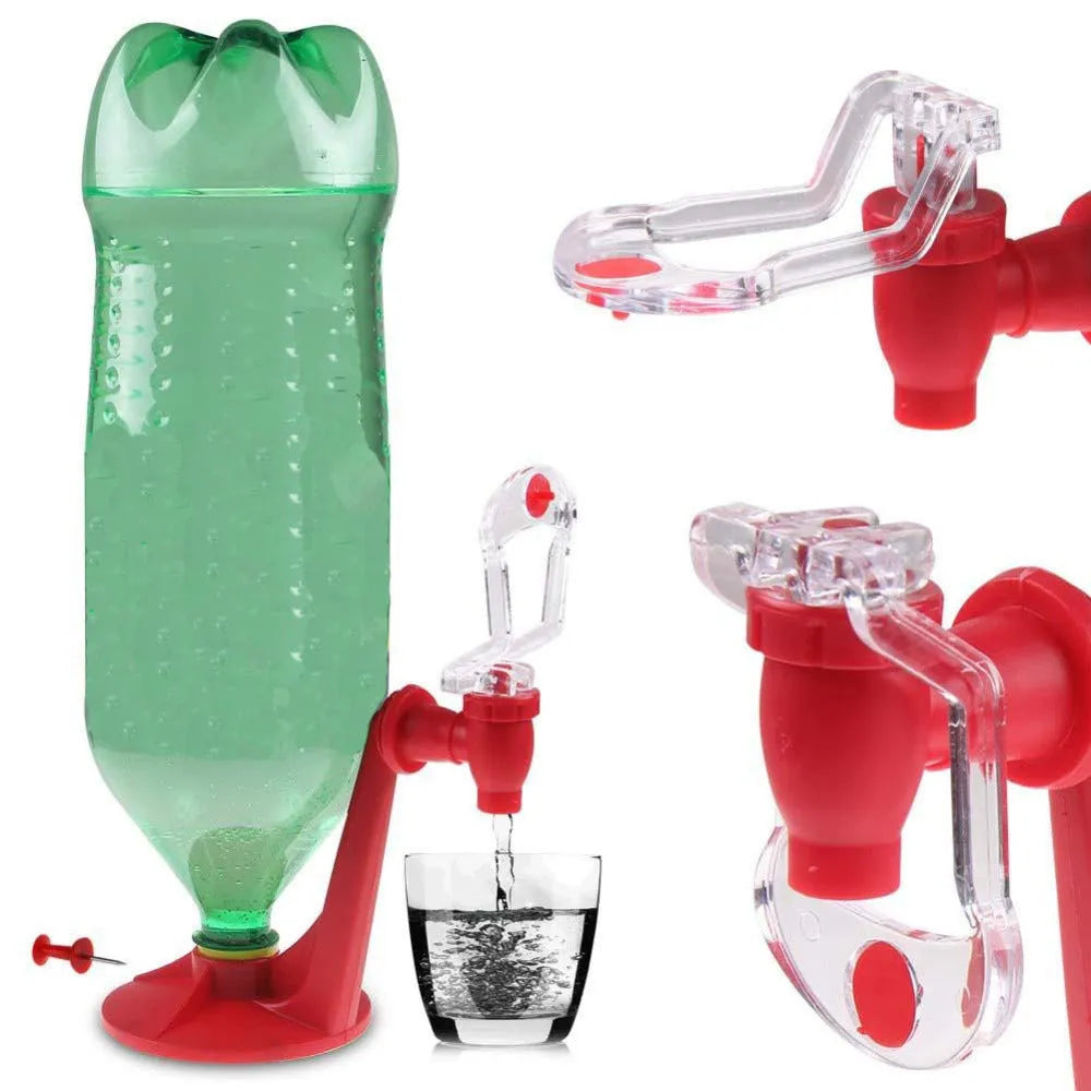Red plastic soda dispenser attached to inverted 2-litre bottle for push-button drink serving