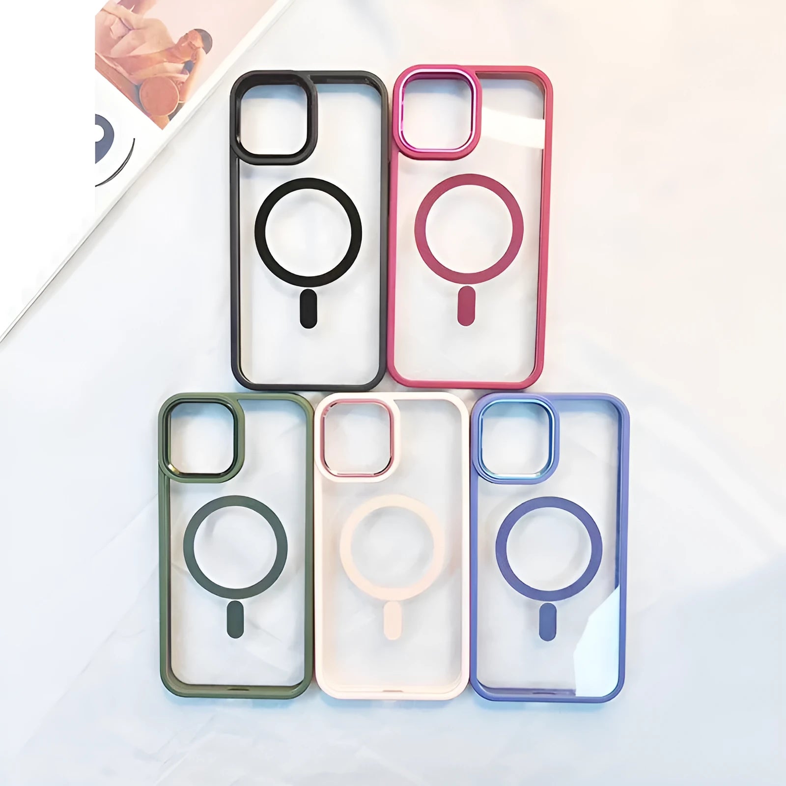 Magnetic transparent silicone phone case for iPhone showing colour options