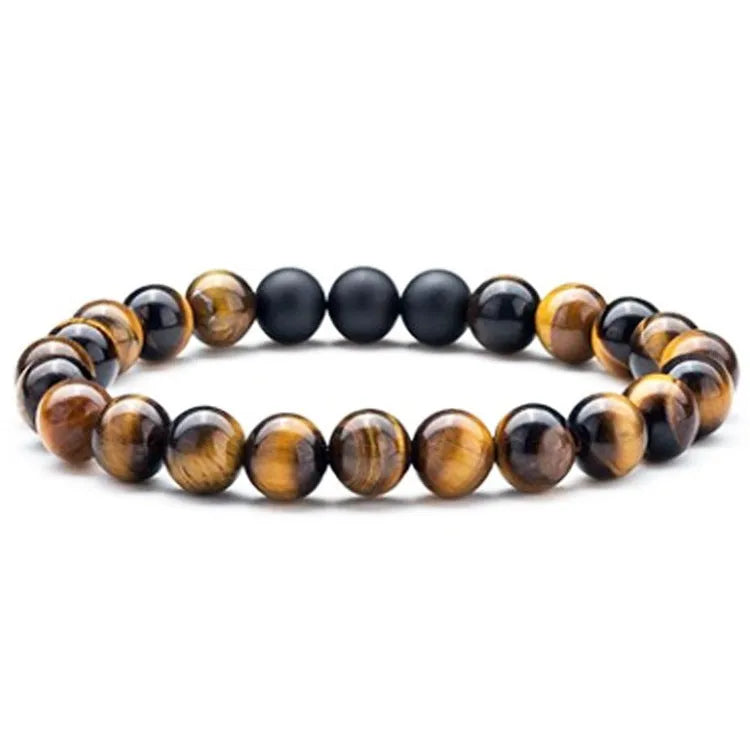 Geometric couple bracelet made of matte black agate beads with a tiger eye stone.