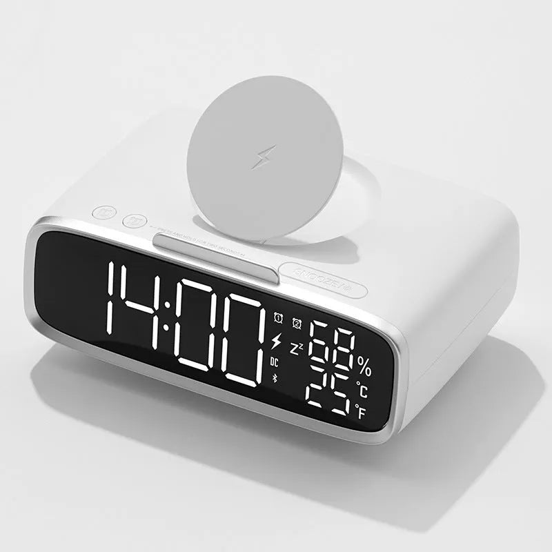 White Bluetooth speaker with integrated wireless charging pad and night light function