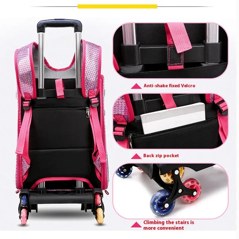 Blue pet trolley bag with transparent acrylic cover showing shoulder strap and trolley wheels