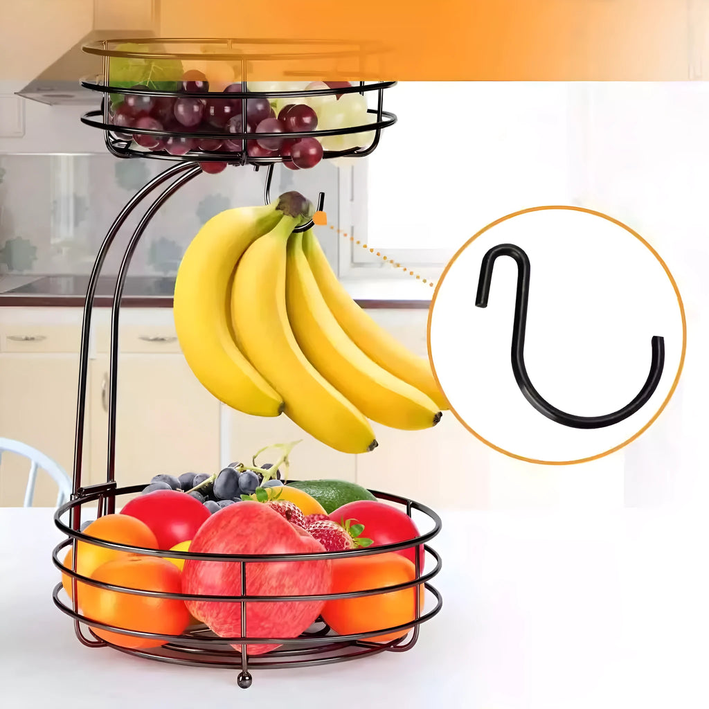 Black and gold double-layer wrought iron fruit and vegetable storage basket for commercial kitchens