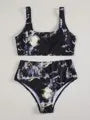 Women's marble tie-dye bikini set with U-neck top and high-waist briefs in blue colour variation