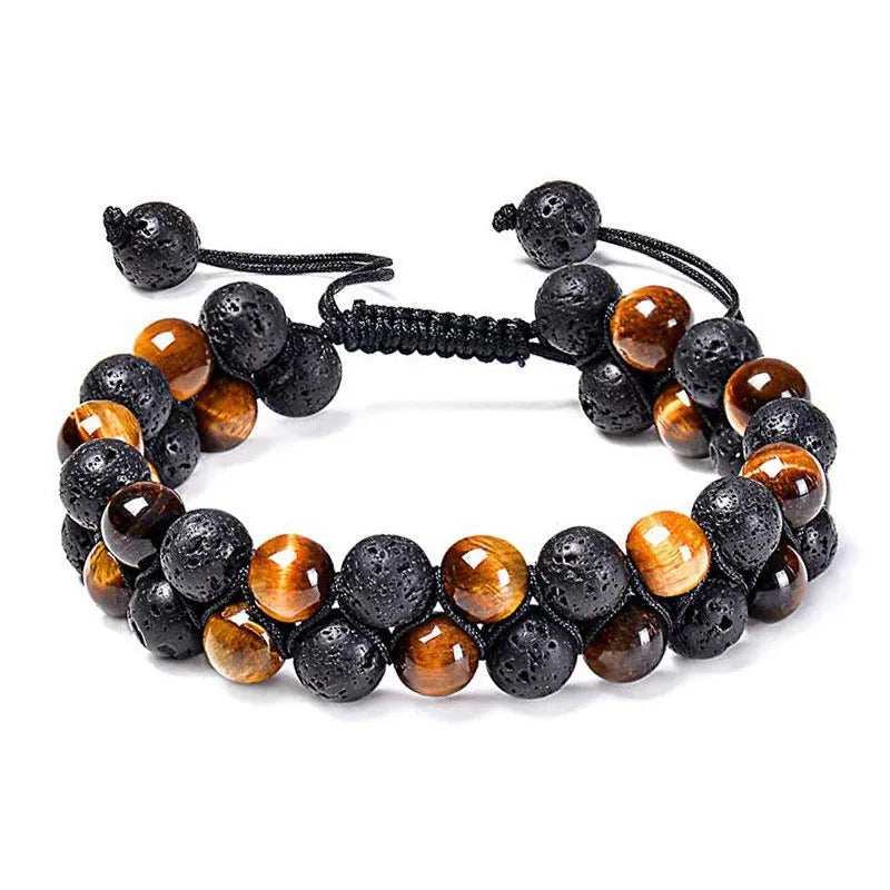 Geometric couple bracelet made of matte black agate beads with a tiger eye stone.