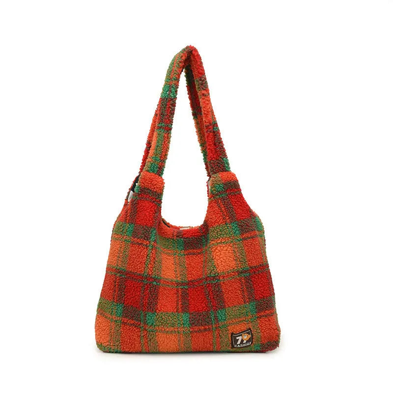 Women's plaid shoulder crossbody tote bag in plush material with large capacity