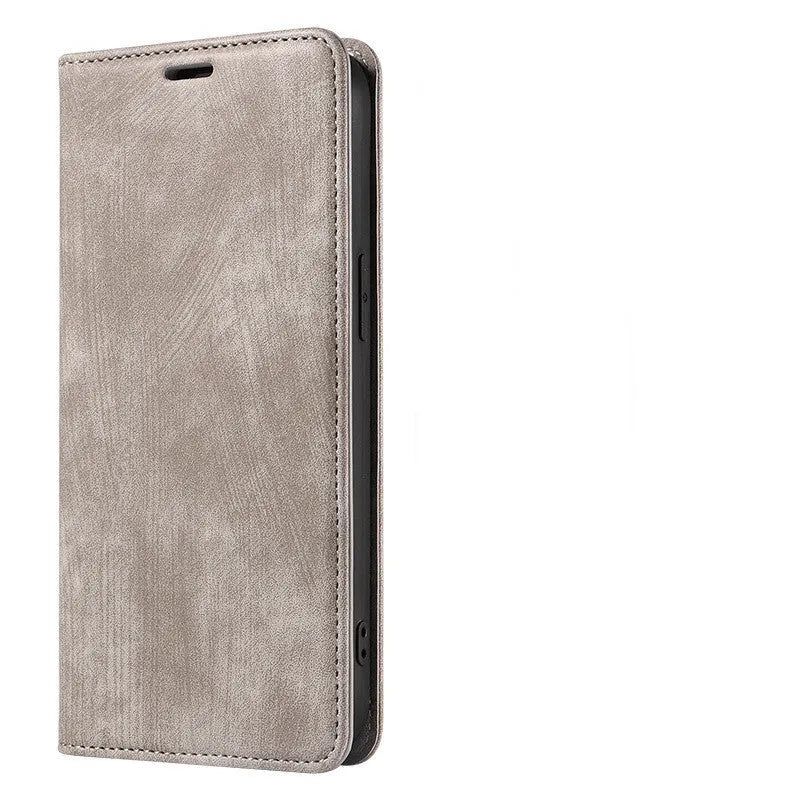 Magnetic flip leather phone case for iPhone shown in grey colour, displaying front cover closed.
