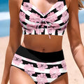 Black women's printed split bikini with high-waisted brief for belly coverage.