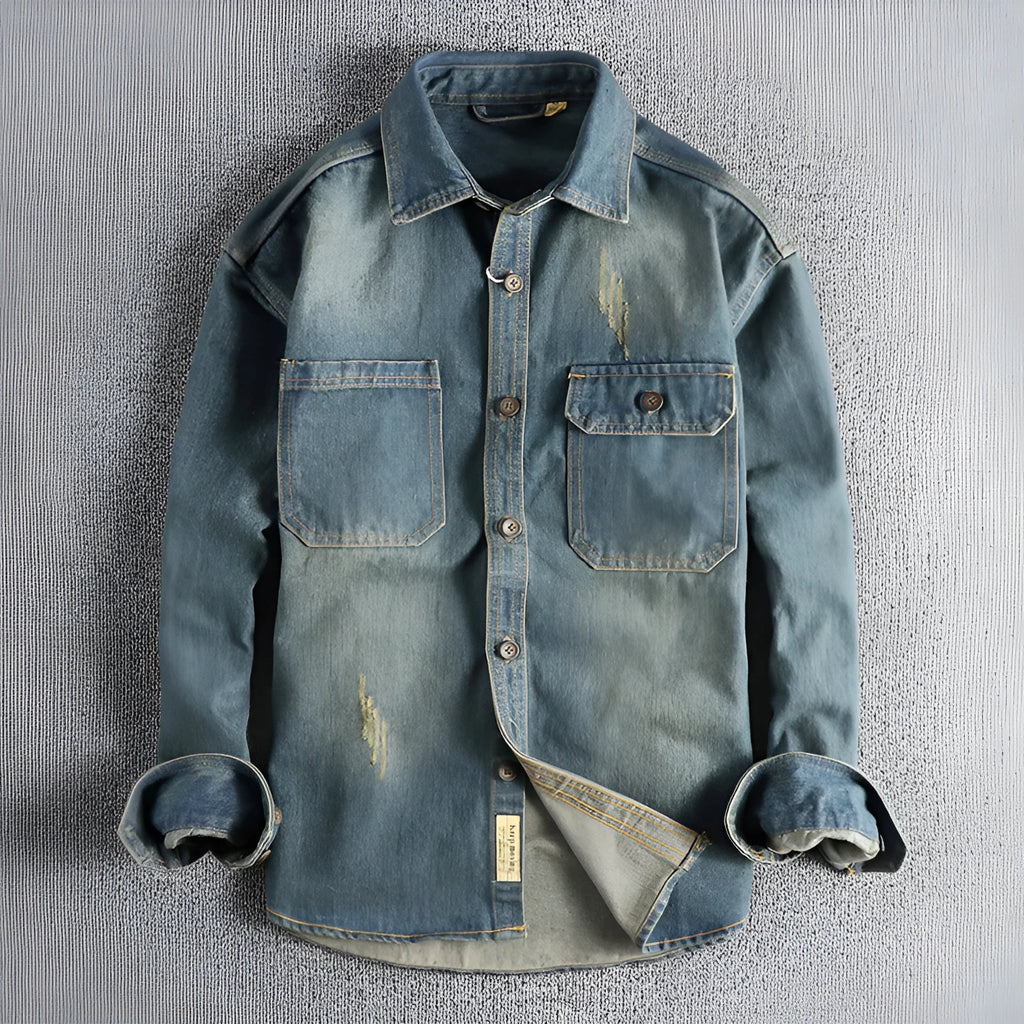 Men's vintage denim shirt in light blue washed cotton with loose fit and long sleeves