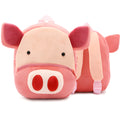 Soft plush children's backpack with cartoon animal design, showing zippered main compartment.