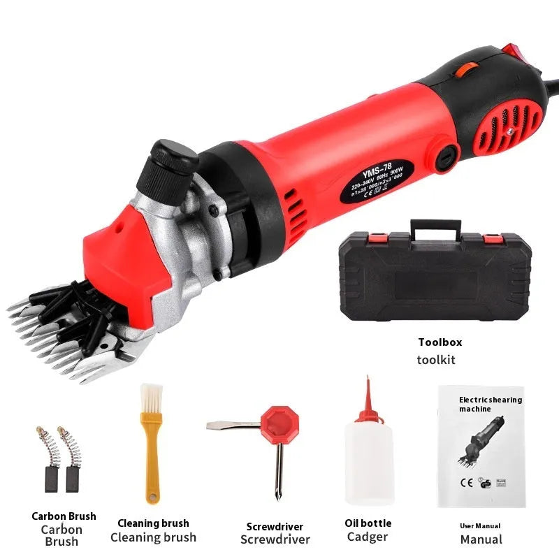 Yellow electric wool shears with 13-tooth comb and set of accessory combs and tools on a table.