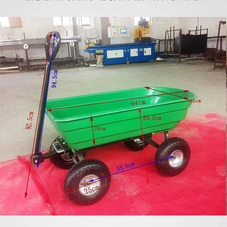 Green TC2145 four-wheel plastic dumptruck with a steel and PP body for garden hauling.