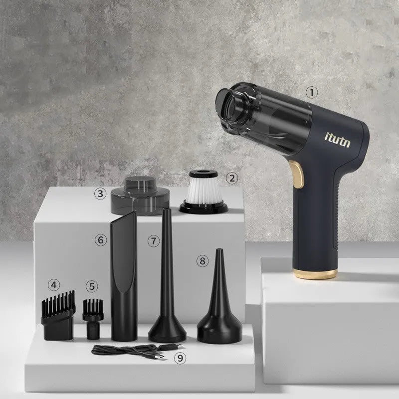 Black wireless handheld car and home vacuum cleaner with multiple nozzle attachments
