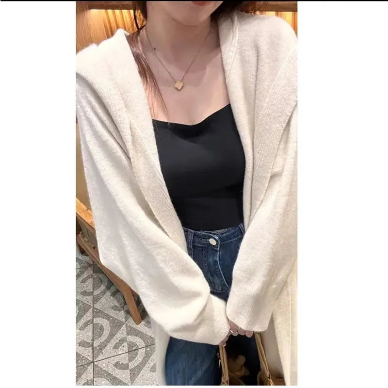 Women's long below-the-knee knitted cardigan with hood in wool blend fabric, loose fit, Korean style