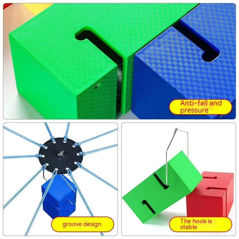 Team building game equipment with ABS plastic tower blocks and pull ropes for outdoor group activities