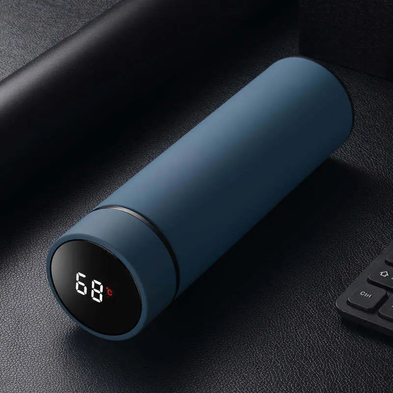 450ml stainless steel insulated water bottle in blue with optional temperature display on lid.