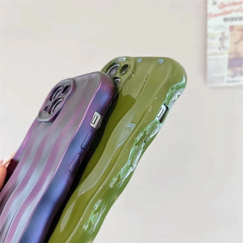 iPhone 17 silicone phone case with water ripple texture in green, purple, silver, beige, or burgundy