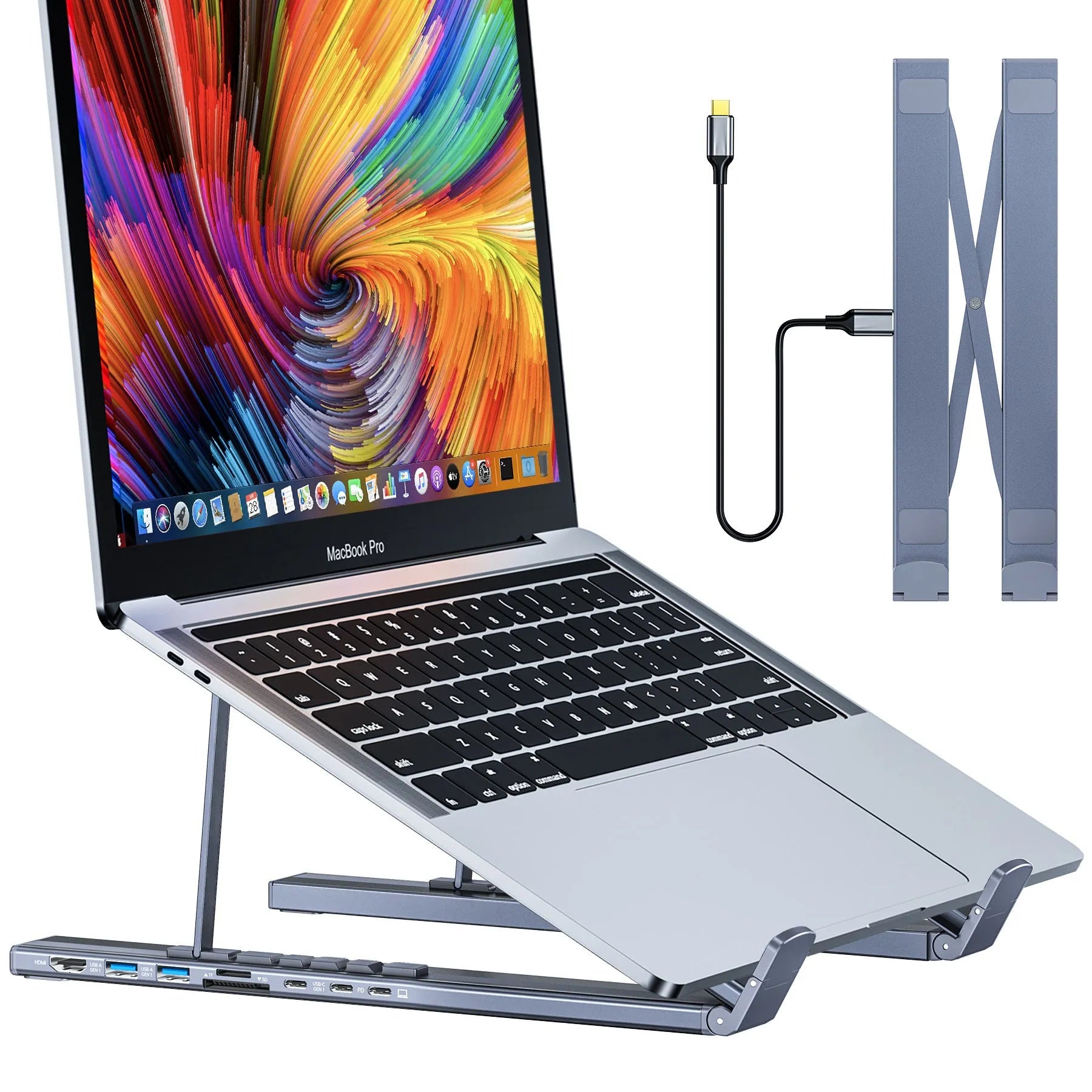 Aluminium alloy folding laptop docking station stand in 8-in-1 and 5-in-1 styles with HDMI port.