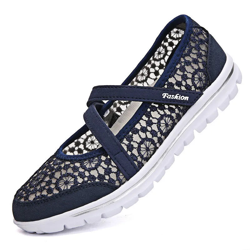 Women's mesh casual shoes in beige colour with round toe and flat heel design