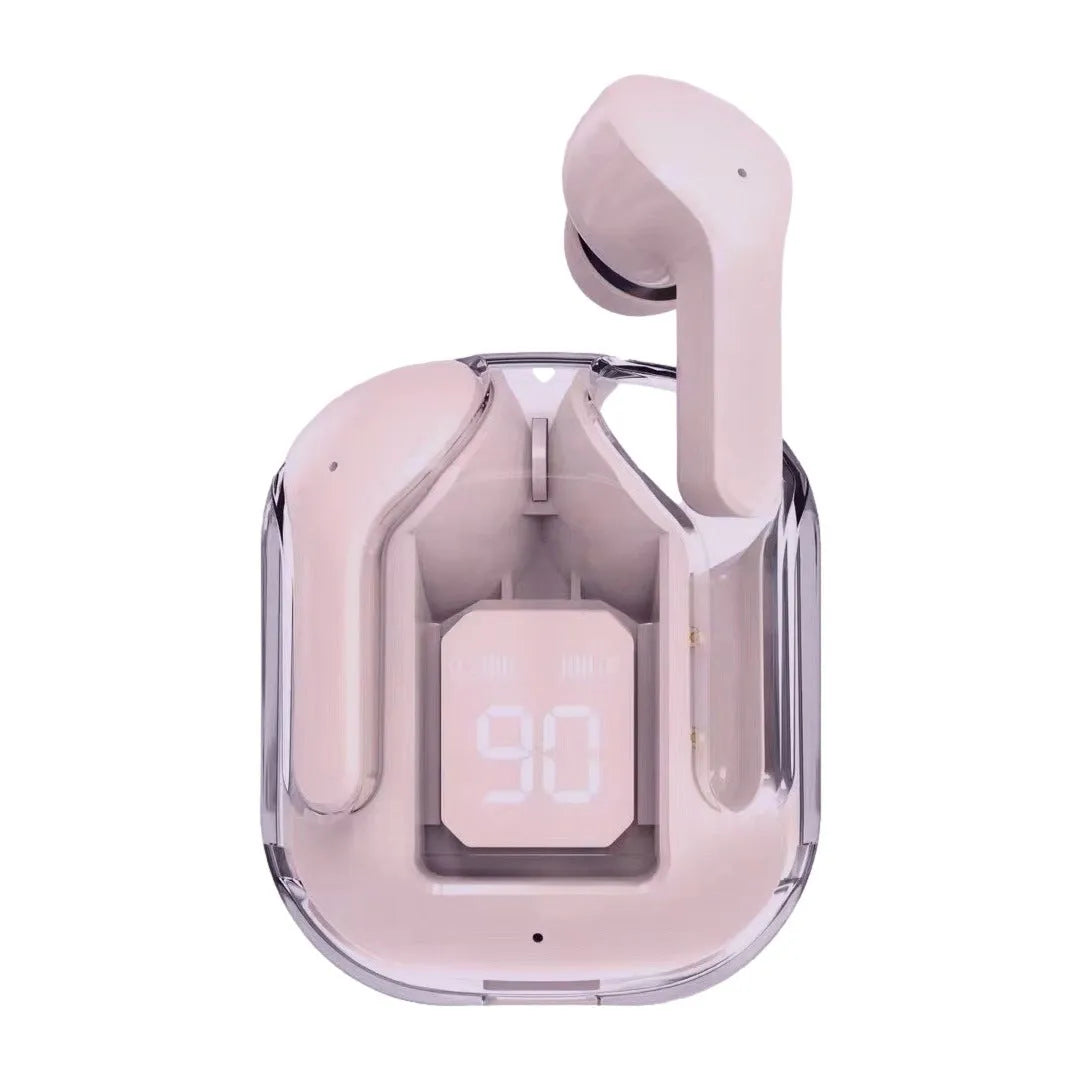 Transparent space capsule shaped case containing true wireless Bluetooth earphones in light blue colour.