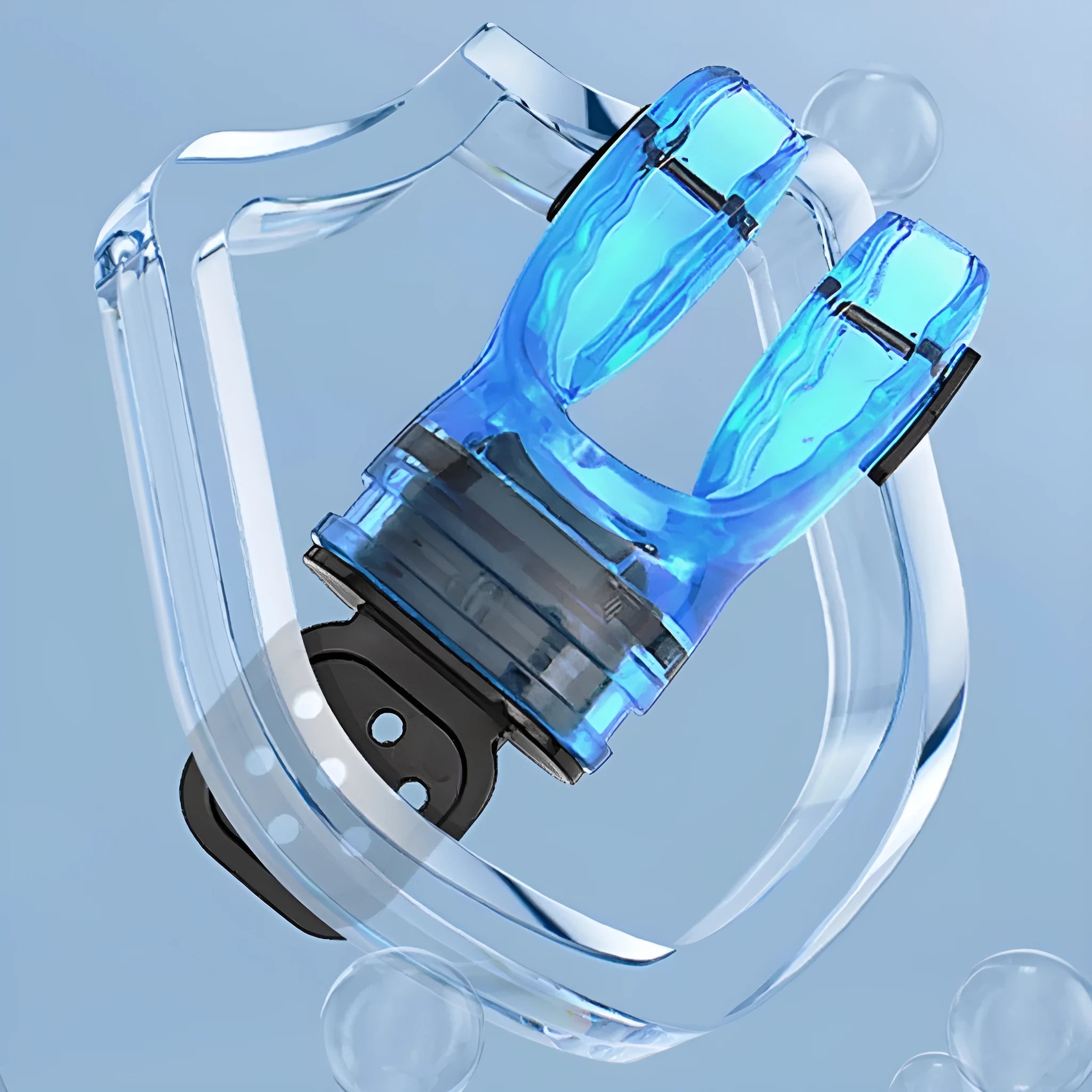 Silicone diving mouthpiece showing 110mm length and multiple colour options including black, blue, and transparent variants