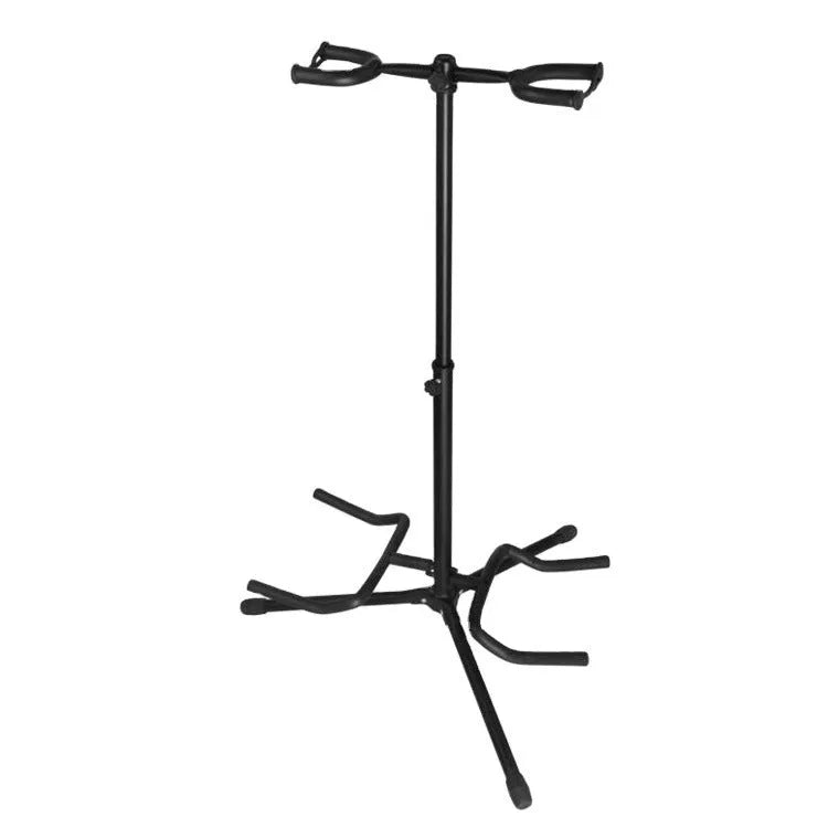 Black vertical double-headed adjustable guitar stand holding two guitars