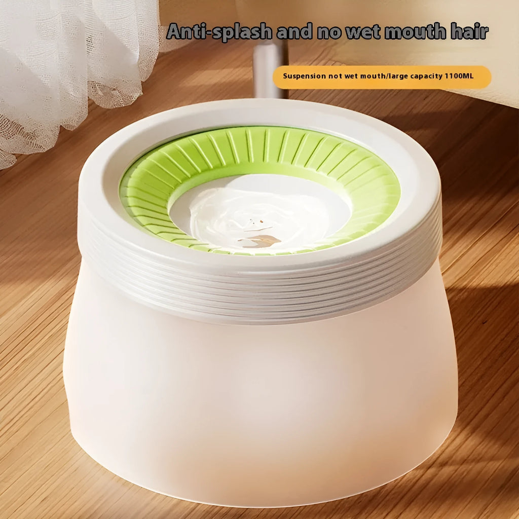 Suspended pet water bowl with non-wet mouth design in blue, green, and brown colours