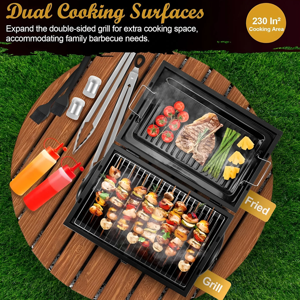Small foldable desktop charcoal barbecue grill with grill grate, shown in open and closed positions.
