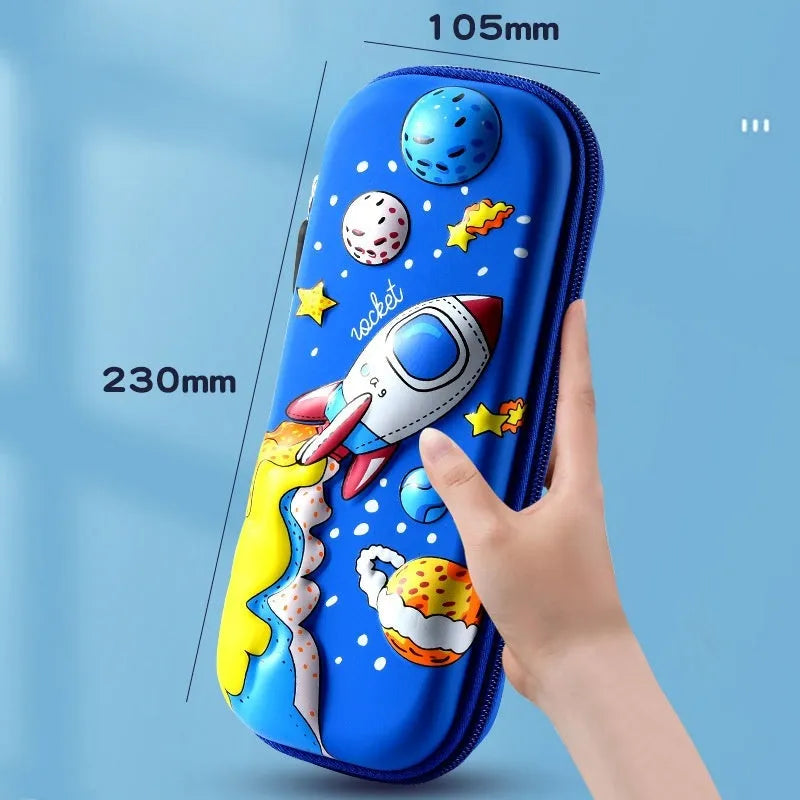3D leather pencil case in a box shape showing one of the available design options such as a spaceship or unicorn