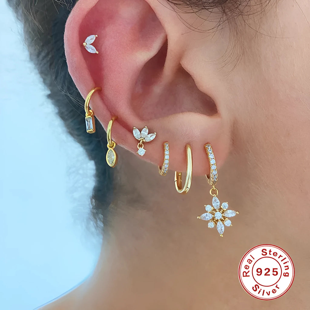 S925 sterling silver geometric snowflake earrings with gemstone inlays in gold colour options