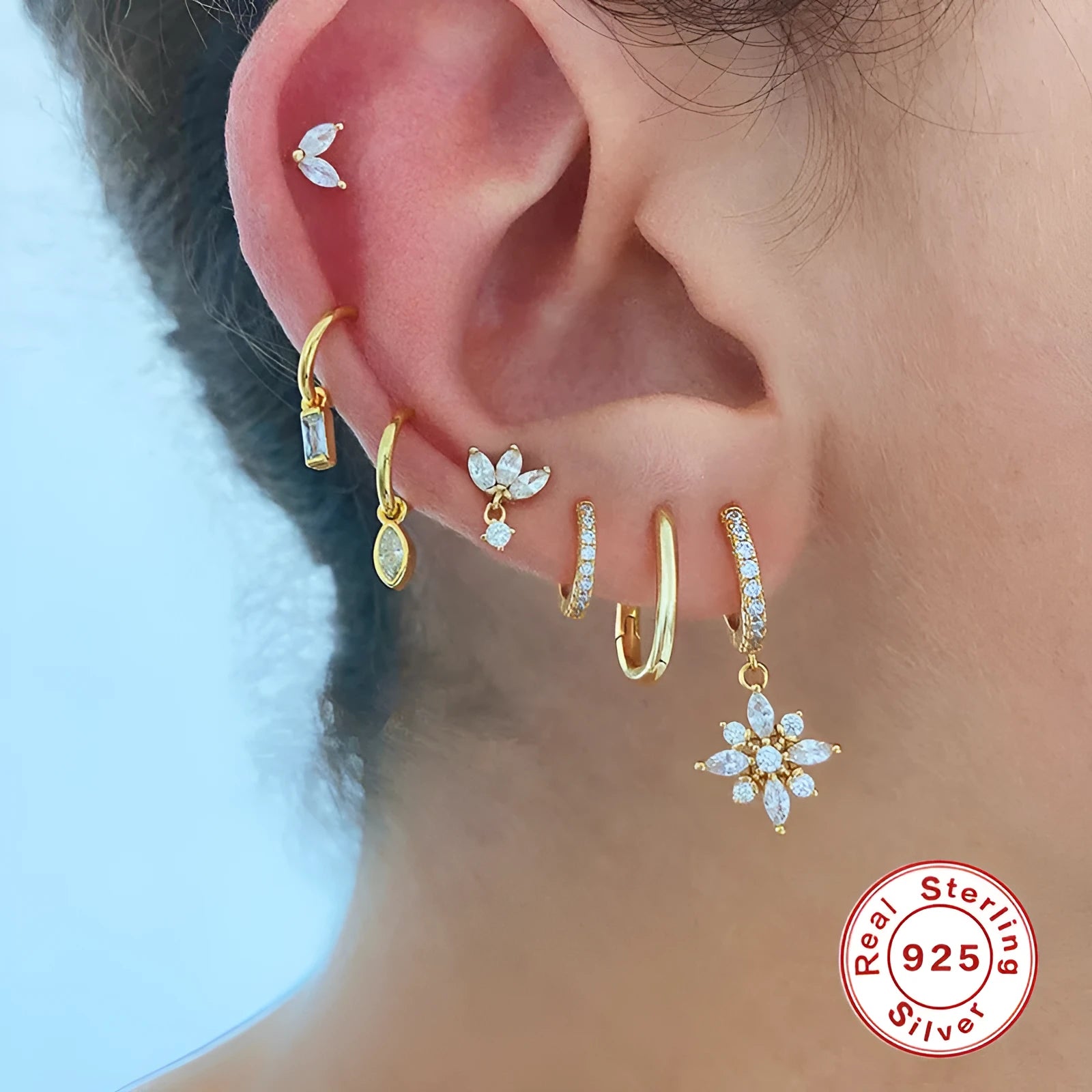 S925 sterling silver geometric snowflake earrings with gemstone inlays in gold colour options