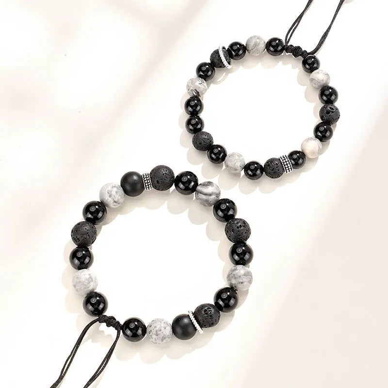 Black agate map stone bracelet with volcanic rock accents in New Chinese style