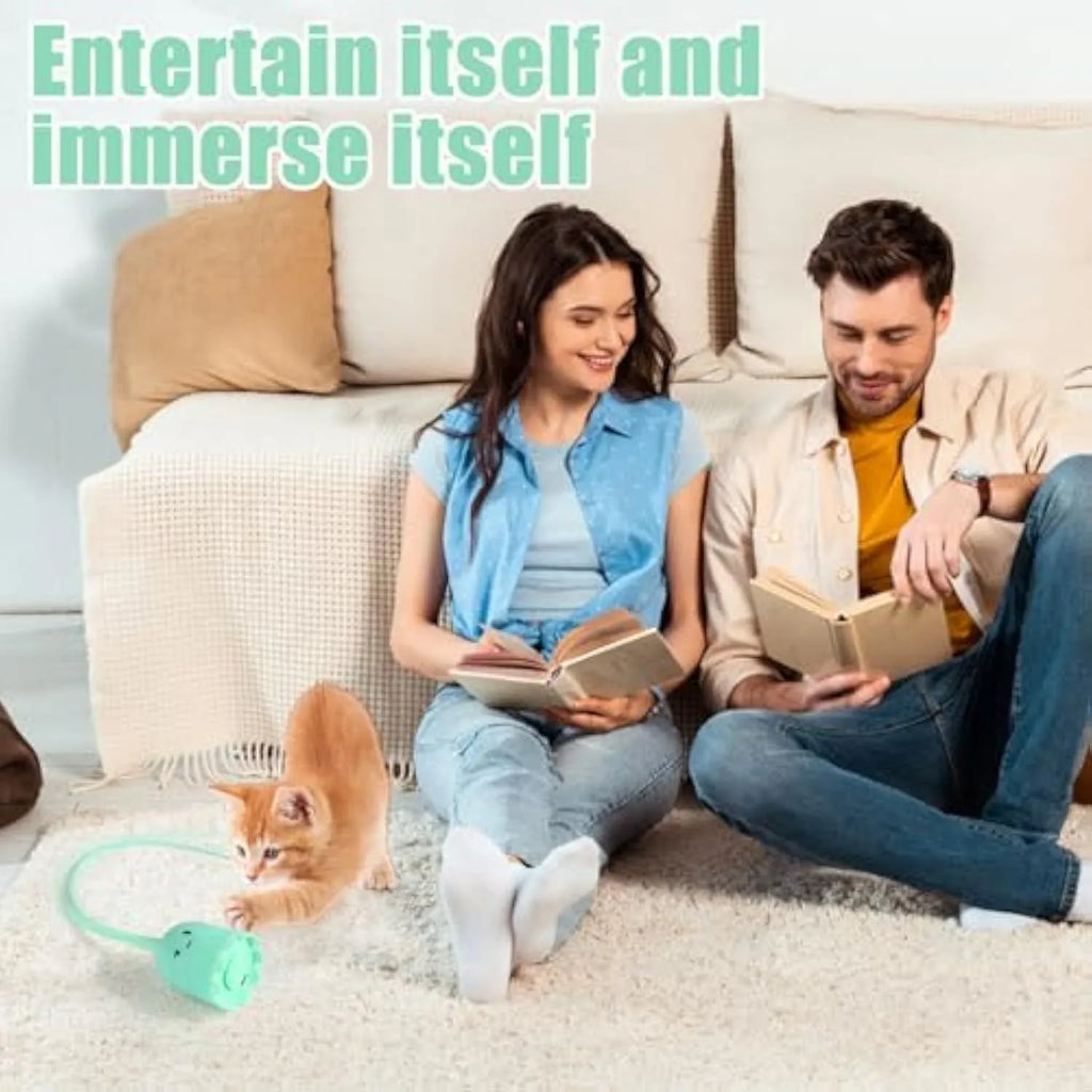 Electronic cat wand toy with swinging silicone tails on green background